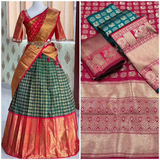 Green & Red Coloured Kanjivaram Pattu Silk with Zari Women Ethnic Party wear Lehenga choli ( Half Saree) & Banarasi Silk Dupatta!!