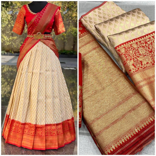 Cream & Red Coloured Kanjivaram Pattu Silk with Zari Women Ethnic Party wear Lehenga choli ( Half Saree) & Banarasi Silk Dupatta!!