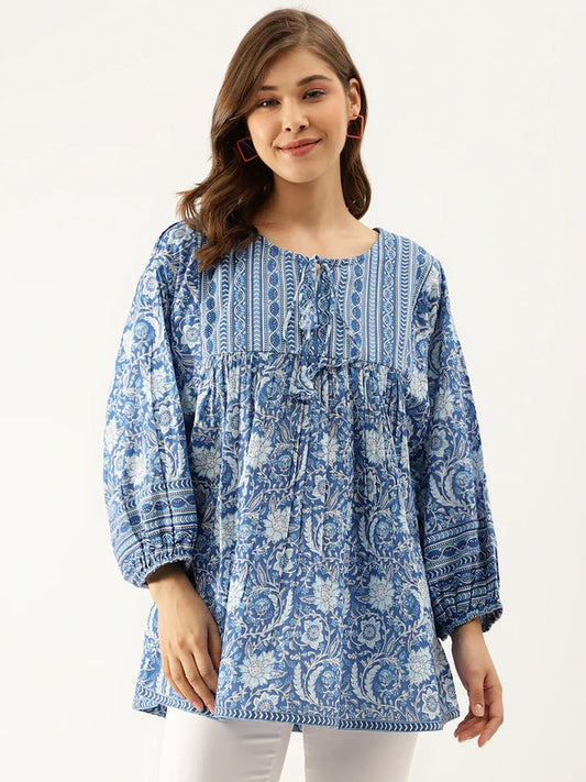 Blue & White Coloured Ethnic Motifs Printed Tie-up Neck Three-quarter Puff sleeves Women Party/Daily wear Western A-line Top!!