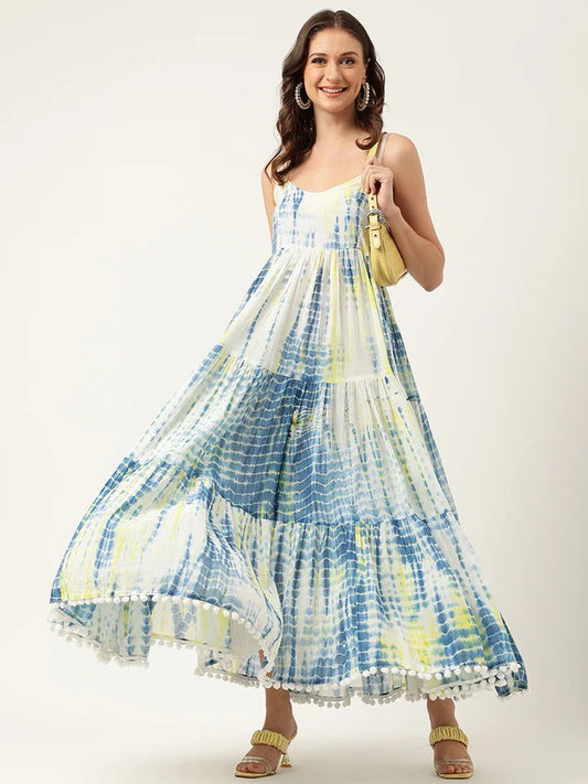 Blue & Off White Coloured Tie & Dyed Shoulder Straps Sleeveless with Pom-Pom Women Party/Daily wear Western Maxi dress!!