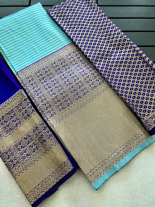 Sky Blue & Dark Blue Coloured Kanjivaram Pattu Silk with Zari Women Ethnic Party wear Lehenga choli ( Half Saree) & Banarasi Silk Dupatta!!