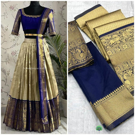 Peack Blue & Gold Coloured Kanjivaram Pattu Silk with Zari Women Ethnic Party wear Lehenga choli ( Half Saree) & Banarasi Silk Dupatta!!