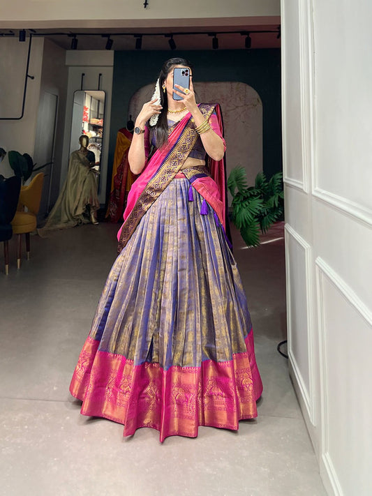 Dark Blue & Dark Pink Coloured Kanjivaram with Zari Weaving Work Women Ethnic Party wear Lehenga choli ( Half Saree) & Dupatta!!