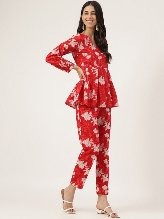 Red & White Coloured Pure Cotton Floral Printed V-Neck Peplum Women Party/Daily wear Western Top with Trousers Co-Ords!!