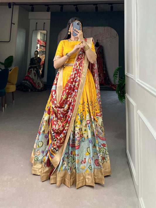 Yellow & Multi Coloured Dola Silk Kalamkari Print With Weaving Border Work Women Ethnic Party wear Lehenga choli ( Half Saree) & Dupatta!!