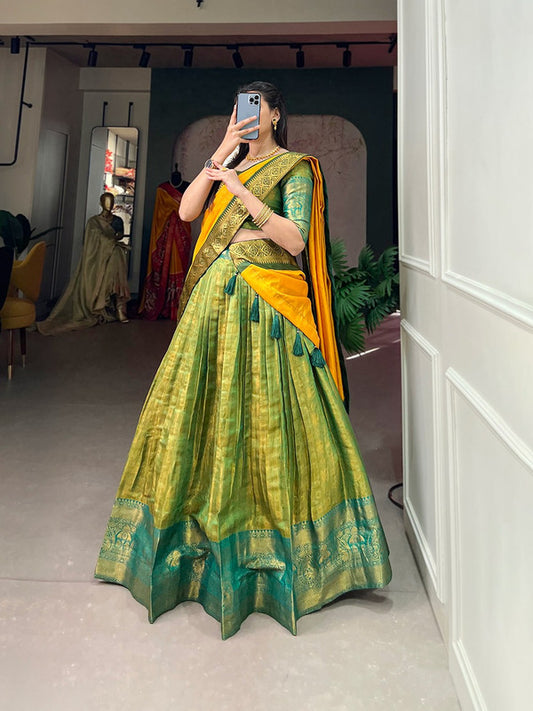 Yellow & Mehendi Green Coloured Kanjivaram with Zari Weaving Work Women Ethnic Party wear Lehenga choli ( Half Saree) & Dupatta!!