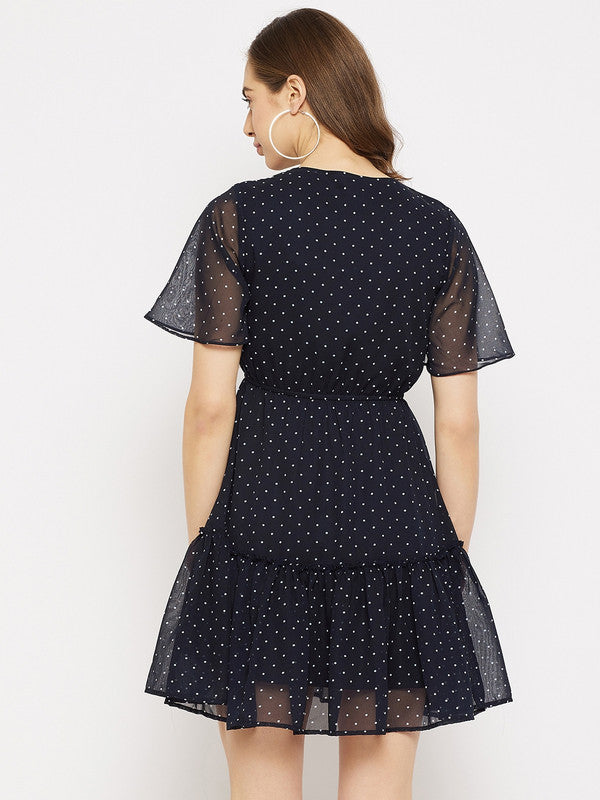 Navy Blue Coloured Polka dot print V-neck short sleeves Women Party/Casual wear Western Georgette Fit and Flare Dress!!