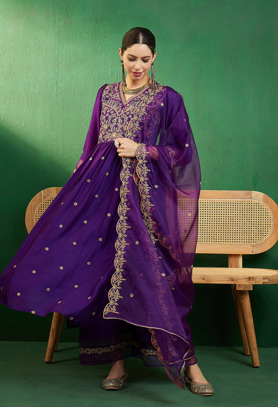 Purple Coloured Premium Vichitra Silk Zari Sequence Embroidered Work Women Designer Party wear Kurta with Palazzo & Dupatta!!