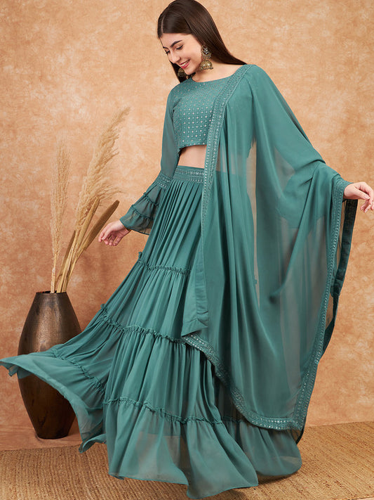Teal Green Coloured Georgette with Sequence Embroidered Work Women Designer Party wear Flared Lehenga Choli with Dupatta!!