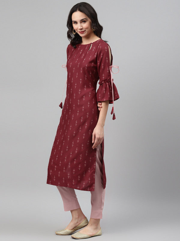 Maroon Coloured Rayon with Screen Print Round Key-hole Neck,three quarter Bell sleeves side slit Women Designer Party/Casual wear Straight Kurta!!