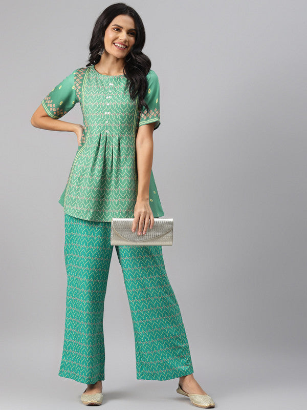 Green Coloured Rayon with Digital prints Elbow sleeve three quarter Bell sleeves Women Designer Party/Casual wear flared Kurta & Palazzo Set!!