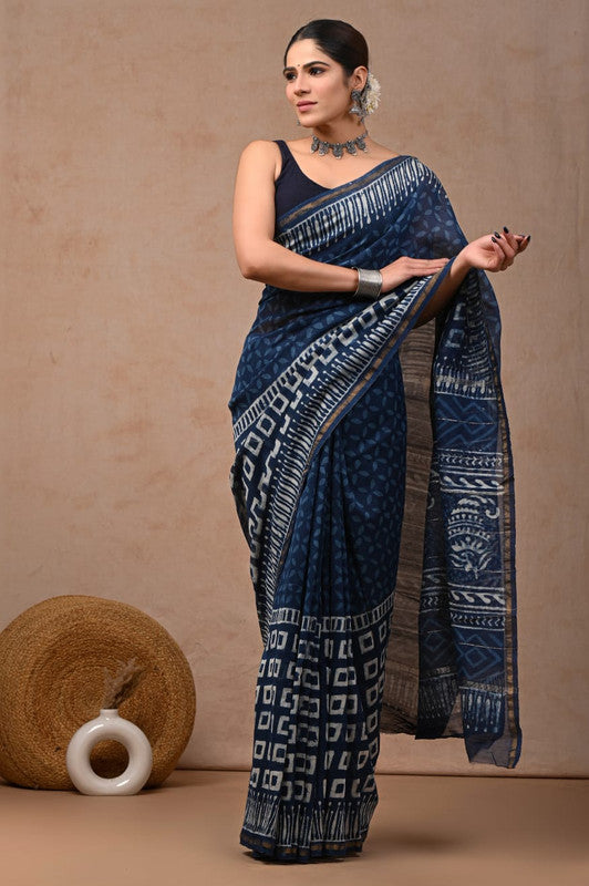 Blue & Off White Coloured Hand Block Printed Women Designer Party wear Chanderi Cotton Silk Saree with Runnin Blouse!!