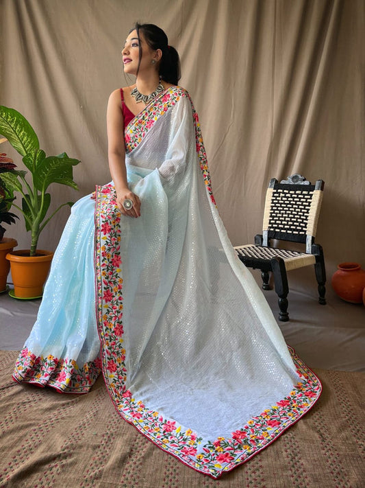 Sky Blue & Multi Coloured Beautiful Sequence work with Butta Women Designer Party wear Georgette Fancy Saree with Silk Blouse!!