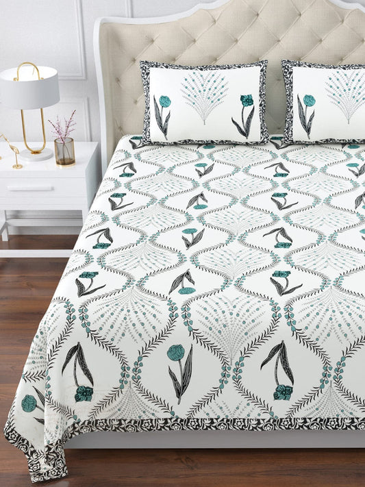Green & Grey Coloured Pure Cotton with Beautiful Hand Block Printed King size Double Bed sheet with 2 Pillow covers!!