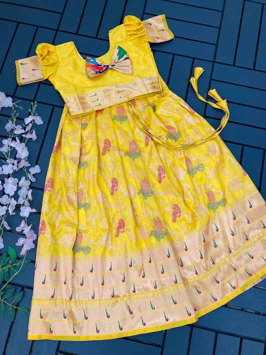 Yellow & Multi Coloured Paithani Banarasi with Zari weaving work Girls Kids Designer Ethnic wear Lehenga with Blouse!!