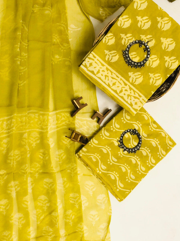 cotton unstitched dress material-Yellow (Unstitched)