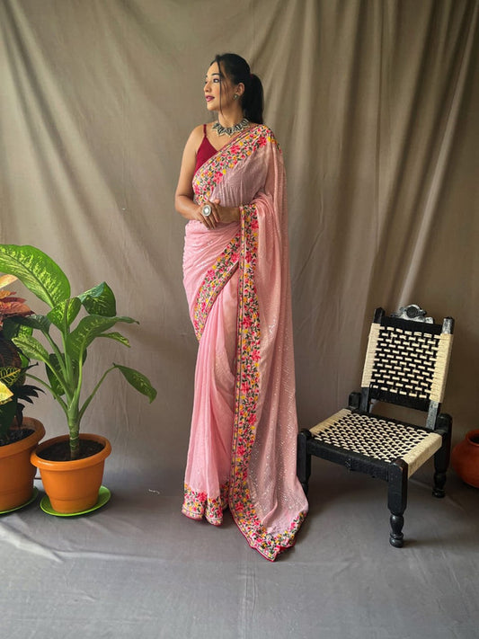 Pink & Multi Coloured Beautiful Sequence work with Butta Women Designer Party wear Georgette Fancy Saree with Silk Blouse!!
