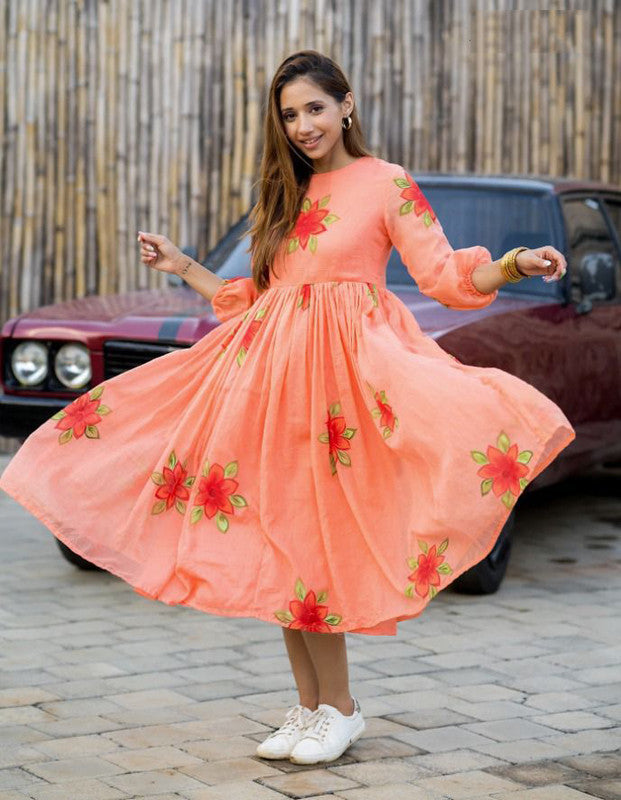 Printed Women's Casual Wear Western Midi Dress (Small, Orange) : :  Fashion