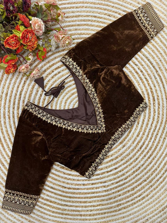Brown Coloured Premium Pure Velvet Heavy Embroidery & Handwork Woman Ready made Designer Bridal Blouse- Free Size Up to 38 Inch!!