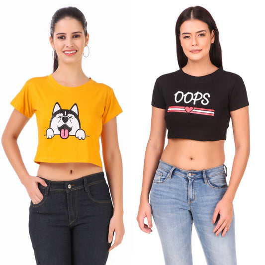 Mustard Dog & Black Oops Print Combo(2 Tops) Crop Tops!!