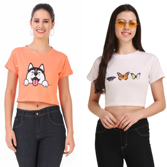Peach Dog & White Butterfly Print Combo(2 Tops) Crop Tops!!