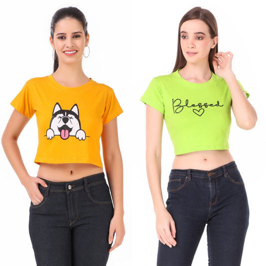 Mustard Dog & Green Blessed Print Combo(2 Tops) Crop Tops!!