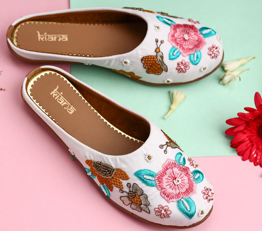 Women's White Canvas Embroidered Pointed Shape Ethnic Bellies!!