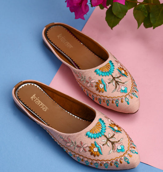 Women's Peach Canvas Embroidered Pointed Shape Ethnic Bellies!!