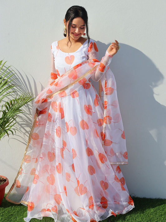 White & Orange Coloured With Digital Print & Gold Foil Print Handwork Women Designer Party/Casual wear Organza Silk Gown Kurti with Dupatta!!