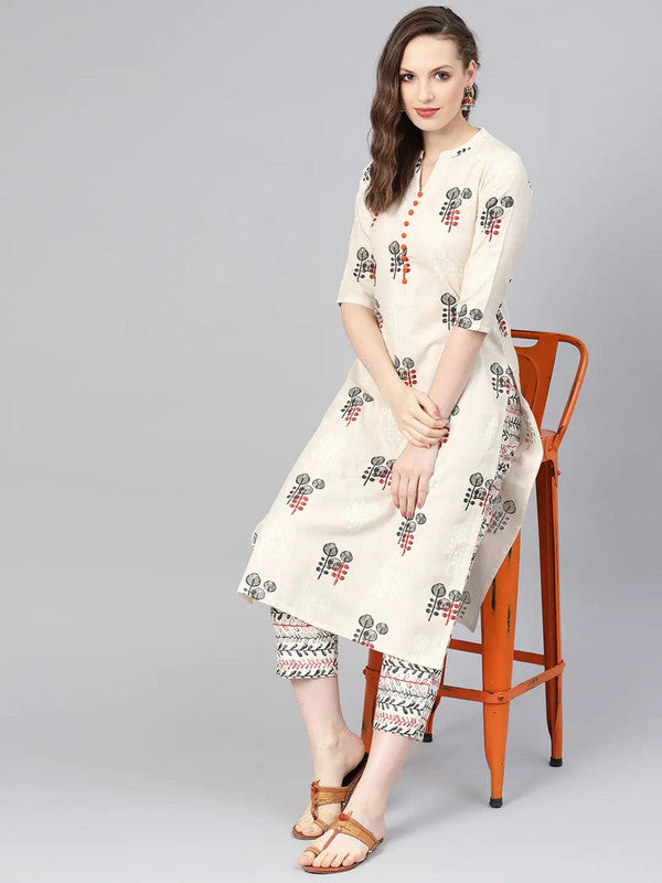 Beige with Orange Black Coloured Pure Cotton Printed Women Designer Party wear Straight Kurti with Trousers