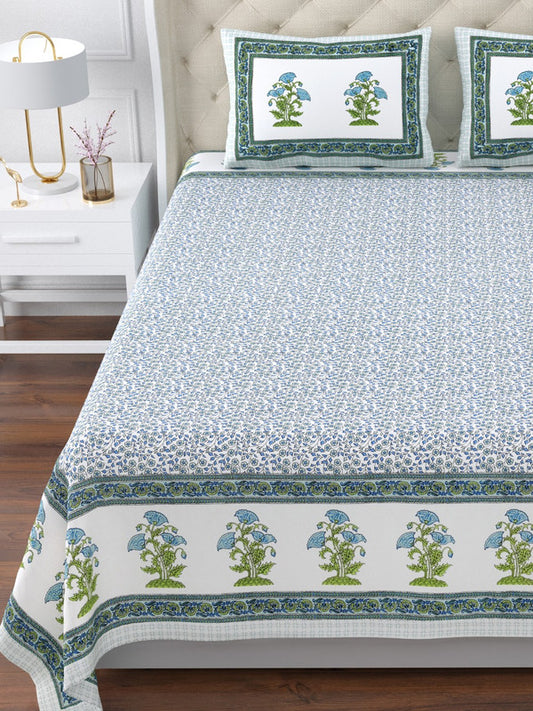 Green & Multi Coloured Pure Cotton with Beautiful Hand Block Printed King size Double Bed sheet with 2 Pillow covers!!