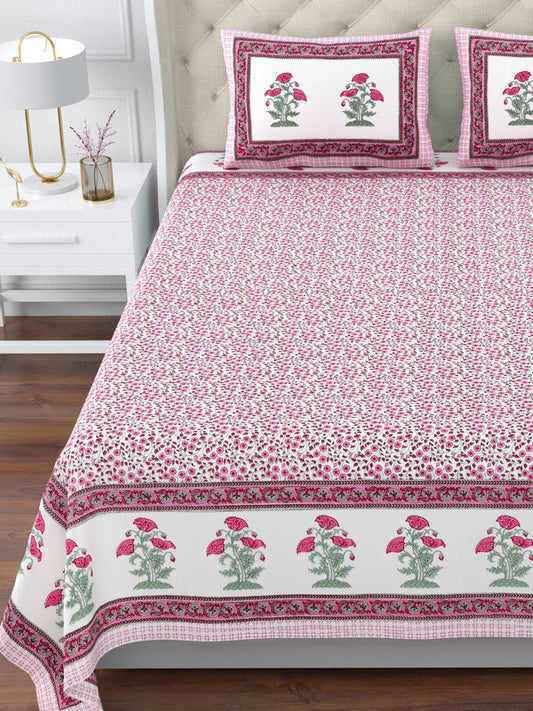Dark Pink & Multi Coloured Pure Cotton with Beautiful Hand Block Printed King size Double Bed sheet with 2 Pillow covers!!
