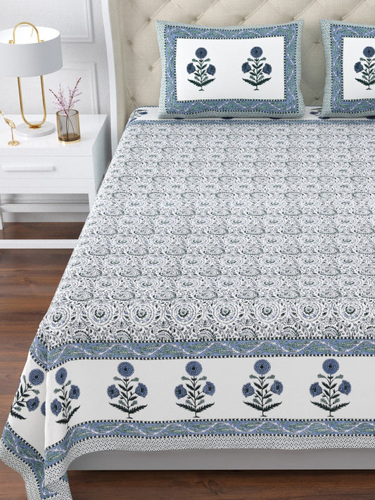 Blue & Multi Coloured Pure Cotton with Beautiful Hand Block Printed King size Double Bed sheet with 2 Pillow covers!!