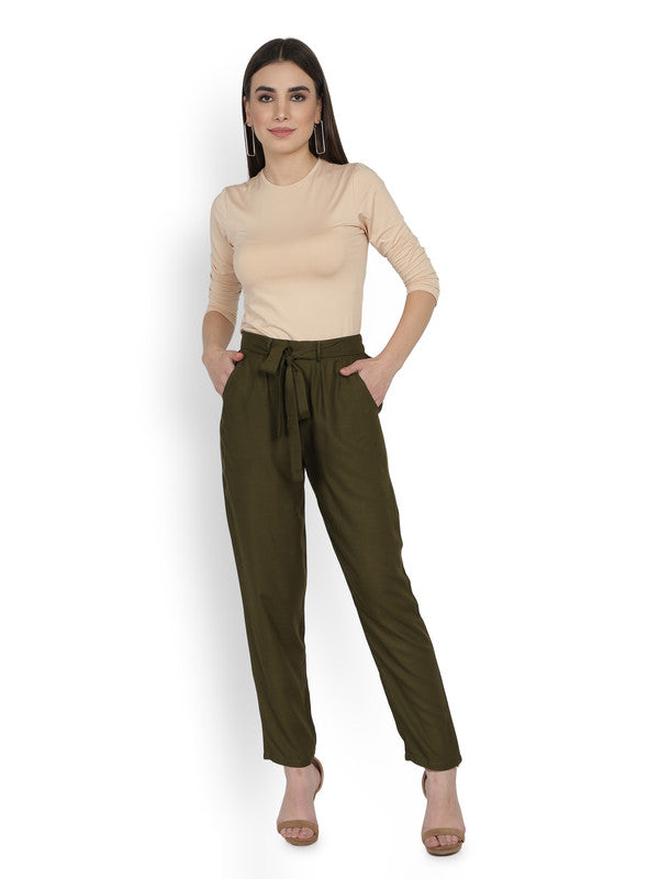 Olive Green Coloured Super Soft Rayon Solid Breathable and Shiny Regular  Fit Women Rayon Peg Trousers!!