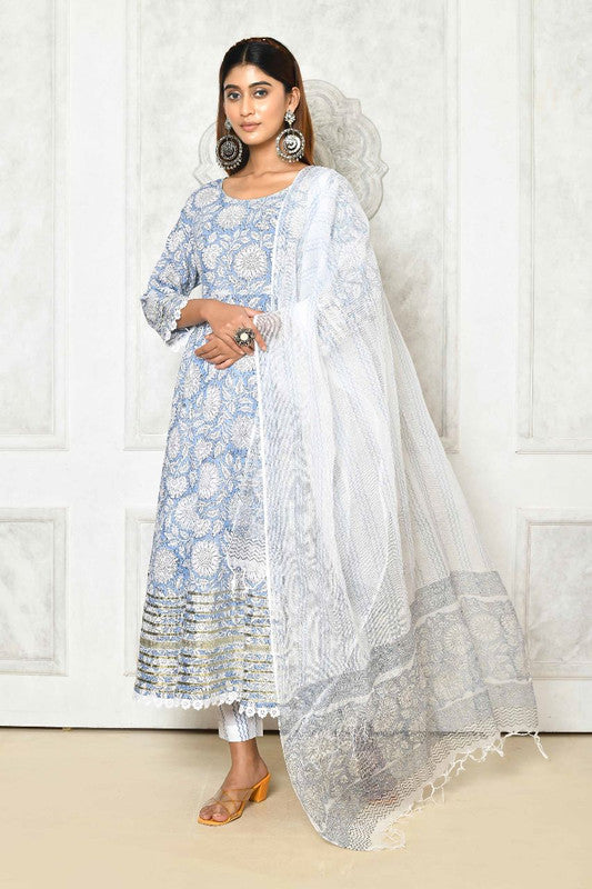 Blue & Multi Coloured Pure Cotton Floral Printed Gotta Patti Anarkali –  Royskart