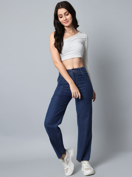 Blue Coloured Premium Denim Non Lycra with Fray Hem Stretchable Full Length Women Casual/Party wear Straight Fit Jeans!!