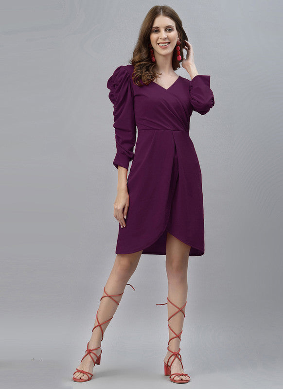 Wine Coloured Premium Lycra Knitted 3 4 Sleeves V Neck Women Party wear Western Dress