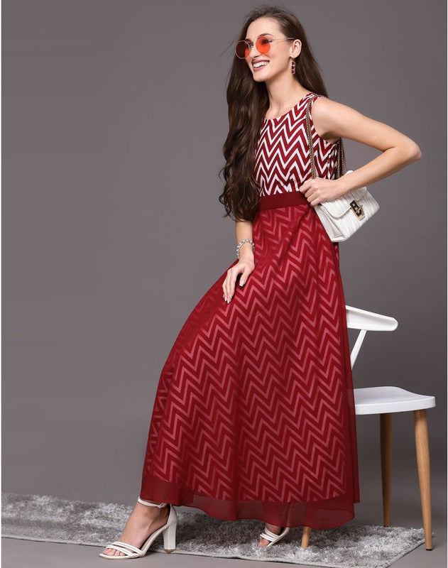 Maroon Coloured Premium Crepe/Georgette Zig Zag Printed Sleeveless Women  Party wear Western Dress!!