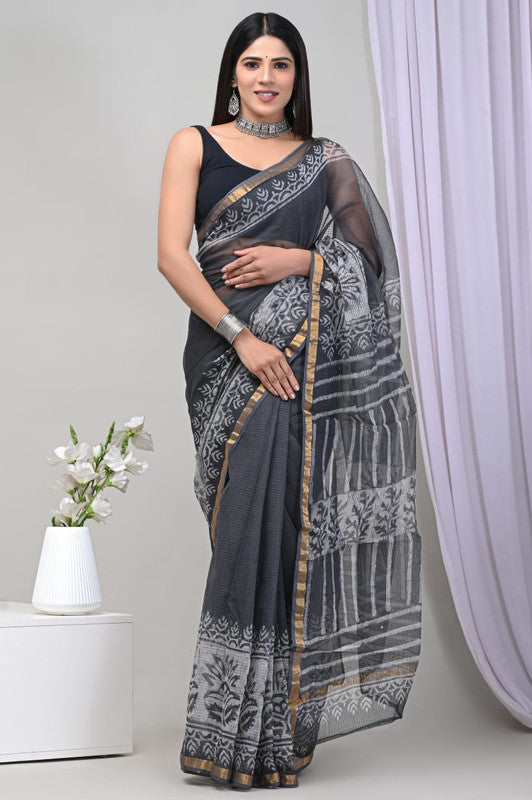 Grey Hand Printed Mul Cotton Sarees with Blouse!! – Royskart