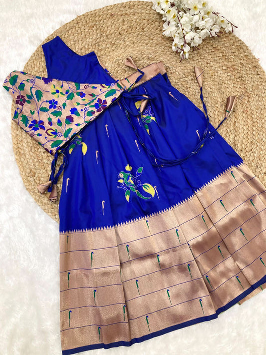 Blue & Multi Coloured Paithani Banarasi with Zari weaving work Girls Kids Designer Ethnic wear Lehenga with Blouse!!