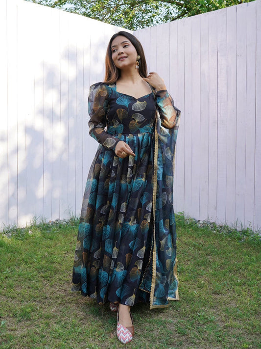 Navy Blue & Multi Coloured With Digital Print & Puff Sleevs Women Designer Party/Casual wear Organza Silk Gown Kurta with Dupatta!!