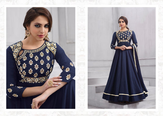 Navy Blue Coloured Tapeta Silk with Beautiful Embroidery work Women Designer Party wear Gown Kurti with Bottom & Dupatta!!