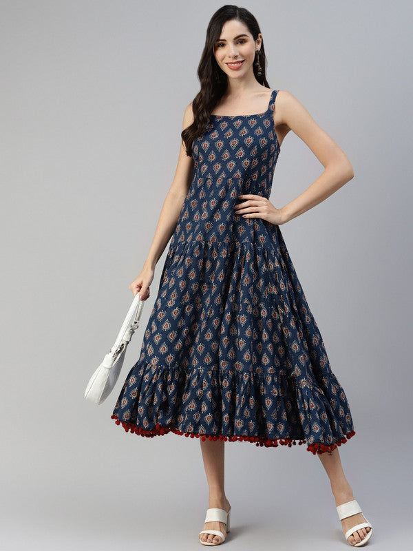 Navy Blue Coloured Pure Cotton Ethnic Motifs A Line Sleeveless Shoulder straps Women Party Daily wear Western Midi Dress