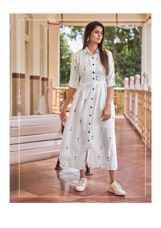 White Coloured Heavy Rayon Digital Printed 3 4 Sleeves Collor Neck Slit in front and full Botton Women Designer Daily wear Gown Kurti Maxi Dress