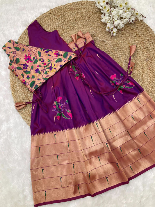 Purple & Multi Coloured Paithani Banarasi with Zari weaving work Girls Kids Designer Ethnic wear Lehenga with Blouse!!