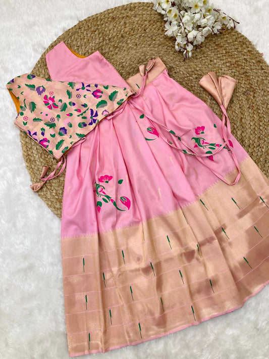 Pink & Multi Coloured Paithani Banarasi with Zari weaving work Girls Kids Designer Ethnic wear Lehenga with Blouse!!