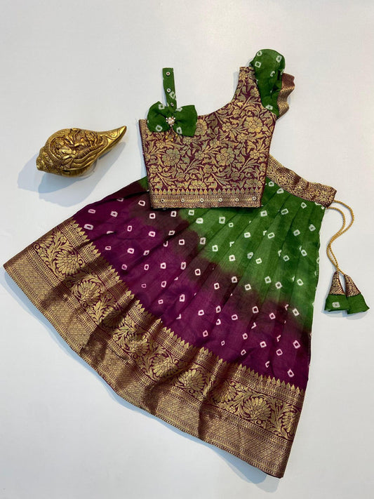 Green & Wine Coloured Cotton Silk with Bandhani Printed & Zari weaving border Girls Kids Designer Ethnic wear Lehenga with Blouse!!