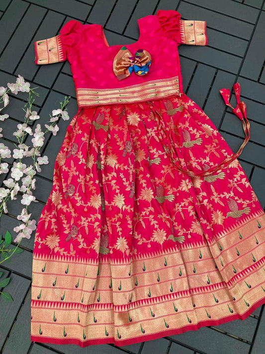 Dark Pink & Multi Coloured Paithani Banarasi with Zari weaving work Girls Kids Designer Ethnic wear Lehenga with Blouse!!