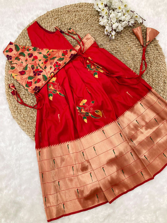 Red & Multi Coloured Paithani Banarasi with Zari weaving work Girls Kids Designer Ethnic wear Lehenga with Blouse!!