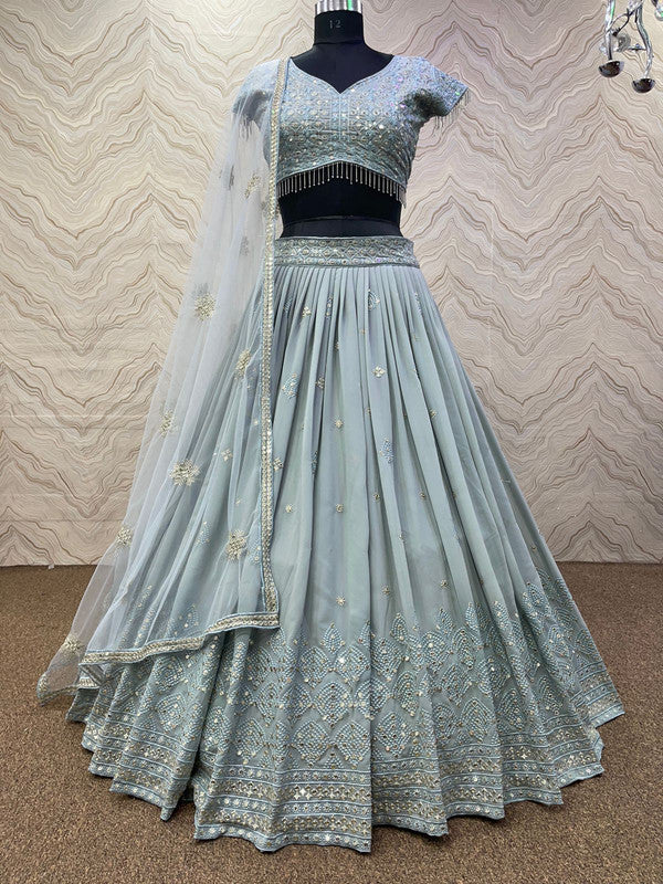 Lehenga Choli : Sky blue georgette heavy work lehenga suit